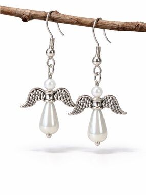 Silver Angel Wing Pear Tear Drop Earrings